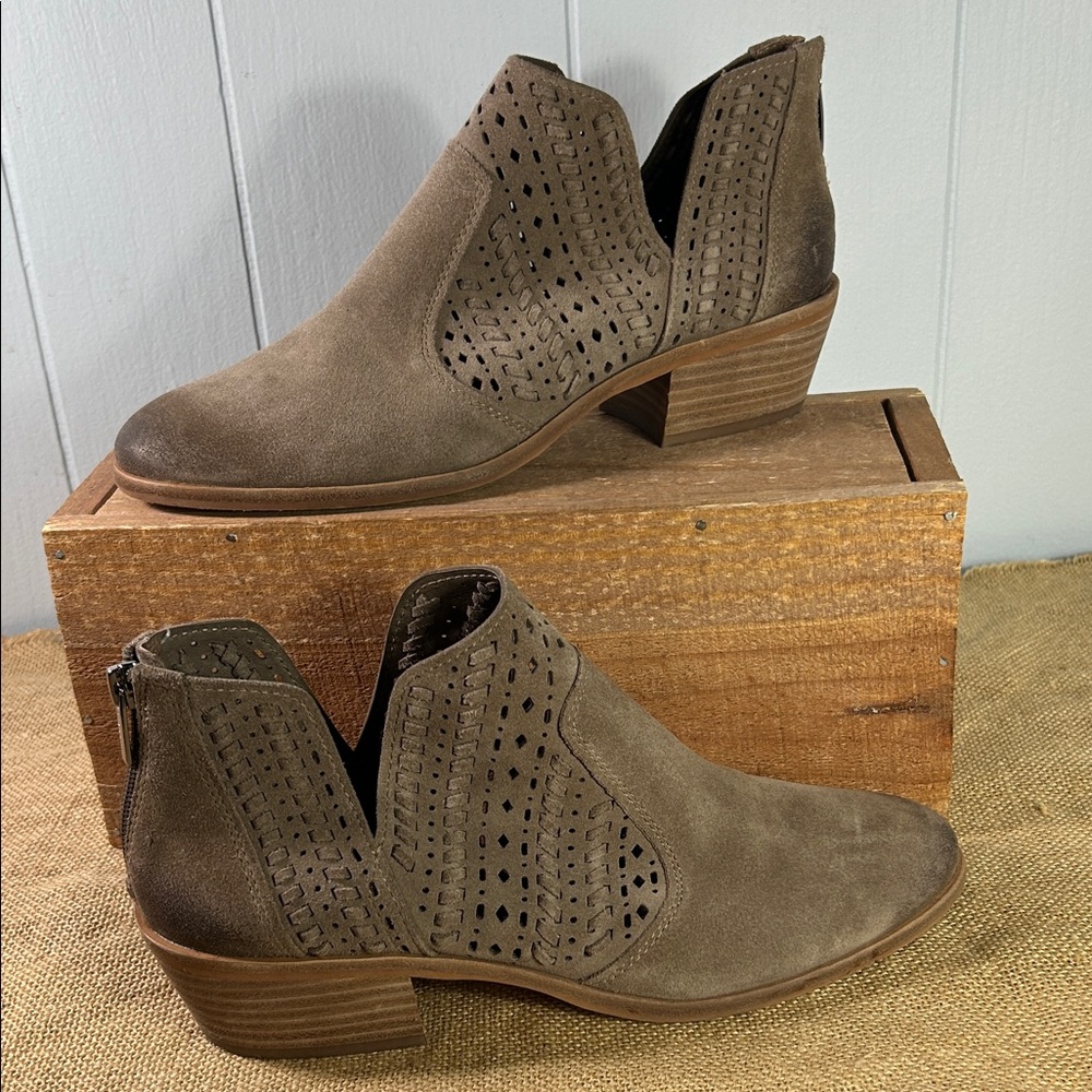 Vince Camuto Taupe Perforated Suede Leather Ankle Boots